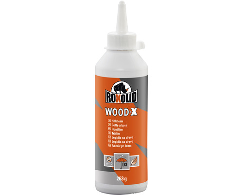 Fles houtlijm met D3-classificatie en een gewicht van 263 gram