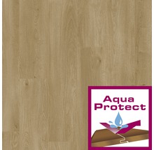Close-up van een laminaatvloer met het Aqua Protect keurmerk voor waterbestendigheid