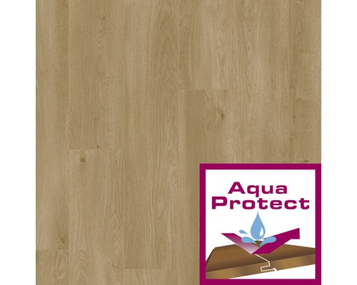 Close-up van een laminaatvloer met het Aqua Protect keurmerk voor waterbestendigheid