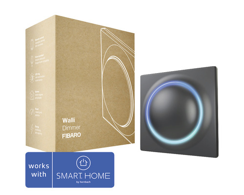 Walli Dimmer FIBARO met verpakking en Smart Home by Hornbach logo