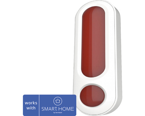 Witte Smart Home signaalgever met rood licht en Smart Home by Hornbach logo