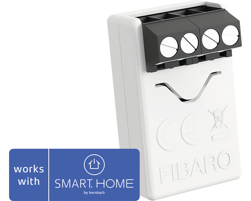 "Fibaro Smart Home apparaatmodule met klemmen en ""Works with Smart Home by Hornbach"" logo"
