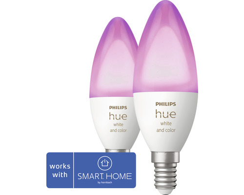 Twee Philips Hue lampen met E14 fitting en Smart Home by Hornbach keurmerk