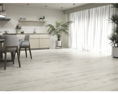 Lichte ruimte met houten vloer, eettafel, stoelen en planten