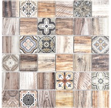 Patroon van vierkante tegels met houten decor en bloemmotieven