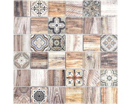Patroon van vierkante tegels met houten decor en bloemmotieven