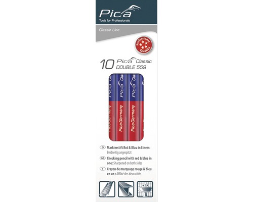 Verpakking met tien rood-blauwe Pica Classic Double 559 markeerpotloden, aan beide zijden geslepen