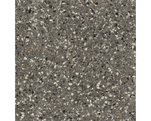 Close-up van een vloertegel met terrazzo-uitstraling.