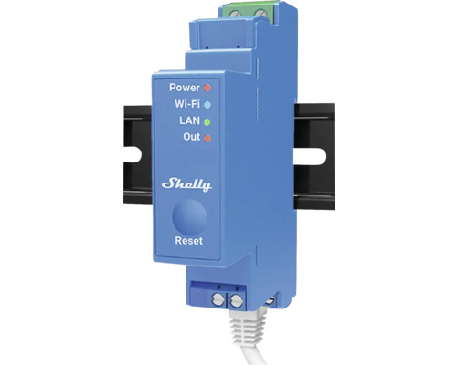 Shelly logo op een automatiseringsapparaat met display voor stroom, wifi en LAN