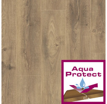 Verbonden laminaatpanelen met houtnerf en Aqua Protect keurmerk.