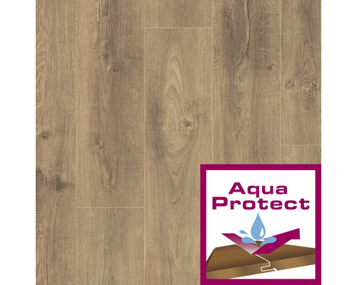 Verbonden laminaatpanelen met houtnerf en Aqua Protect keurmerk.