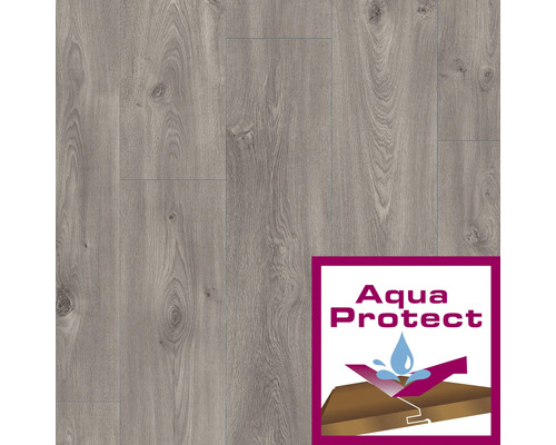 Laminaatvloer met houtstructuur en het symbool Aqua Protect