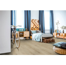 Moderne slaapkamer met laminaatvloer, bed, commodes en decoratieve elementen