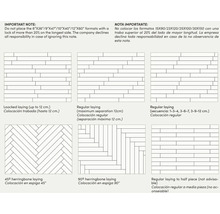 Illustratie van diverse legpatronen voor vloerbedekking, waaronder visgraat en regelmatige legverbanden