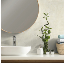 Moderne badkamer met ronde spiegel, wastafel en decoraties