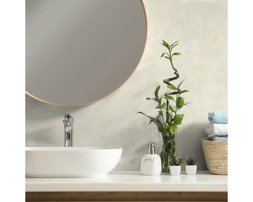 Moderne badkamer met ronde spiegel, wastafel en decoraties