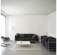 Lichte woonkamer met zwarte bank, fauteuils, witte salontafel en vloerkleed.