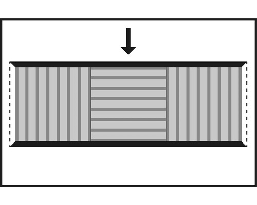 Illustratie van een schuifdeursysteem met verticale en horizontale lamellen en een pijl omlaag.