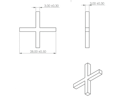 Technische tekening van een tegelkruis met maatvoering.