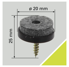 Viltglijder met schroef, diameter 20 millimeter, hoogte 25 millimeter