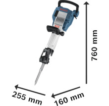 Boschhamer breekhamer met de afmetingen 760 mm hoogte, 255 mm breedte en 160 mm diepte.