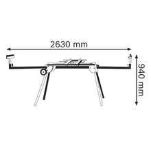 Werktafel voor zagen met afmetingen: breedte 2630 millimeter, hoogte 940 millimeter.