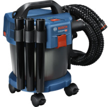 Bosch Professional accu nat- en droogzuiger GAS 18 Volt-10 Liter in blauw en zwart met zuigbuizen en flexibele slang op wielen.