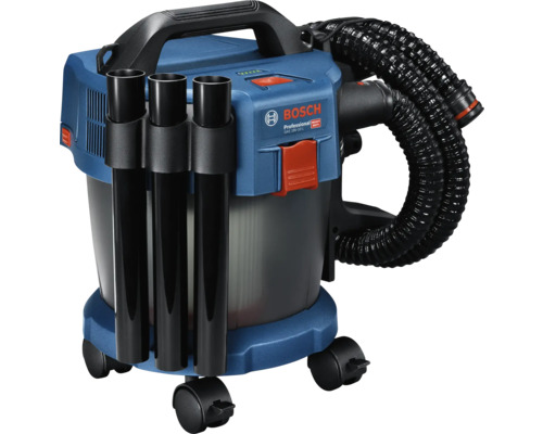 Bosch Professional accu nat- en droogzuiger GAS 18 Volt-10 Liter in blauw en zwart met zuigbuizen en flexibele slang op wielen.