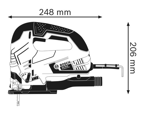 Schets van een decoupeerzaag met de afmetingen 248 mm en 206 mm.