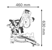 Afbeelding van een verstekzaag met de afmetingen 460 mm breed en 630 mm hoog.
