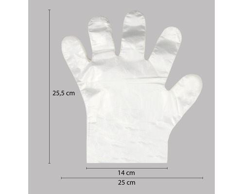 Wegwerphandschoen met afmetingen van 25,5 cm lang en 25 cm breed