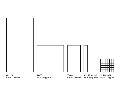 Verschillende tegelformaten: 60x120, 60x60, 30x60, 8,5x60 plint, 5x5 mozaïek, R10B, lappato